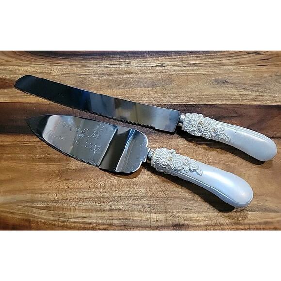 Vintage Stainless Steel Wedding Cake Server and Knife Set Rose Rhinestone - Picture 2 of 7